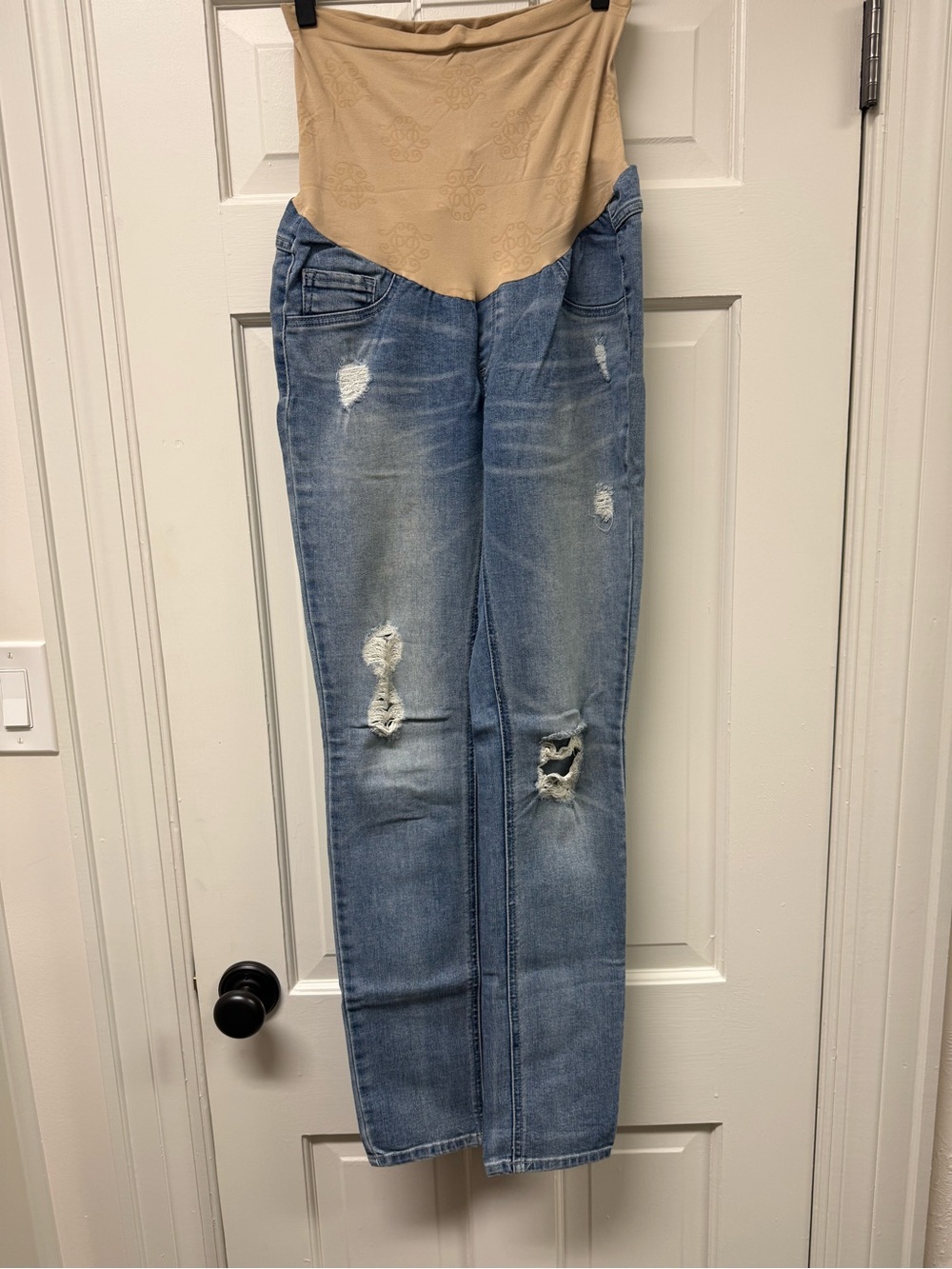 Maternity Distressed Light Blue Jeans with Beige Support Panel